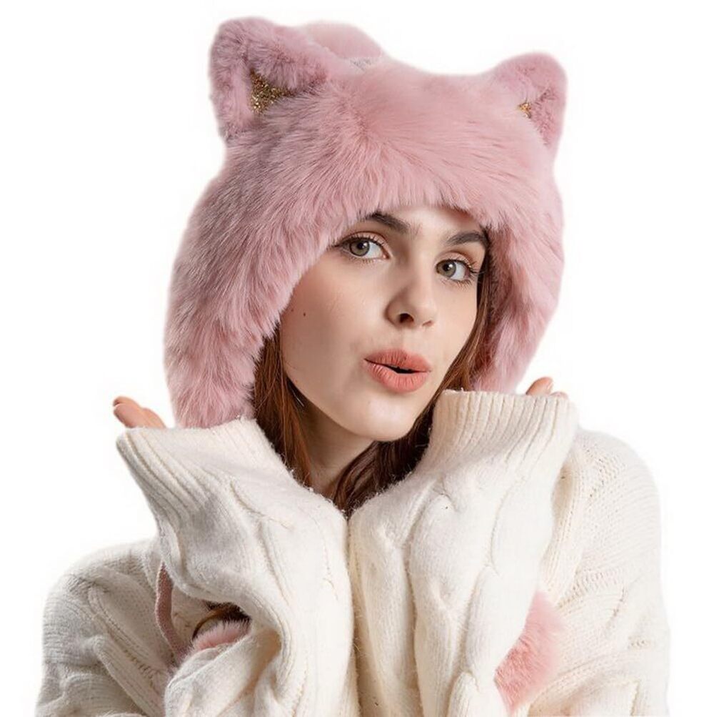 1185 Snug Earflap Thick Furry Beanies Winter Outdoors Warm Girls Knit Skull
